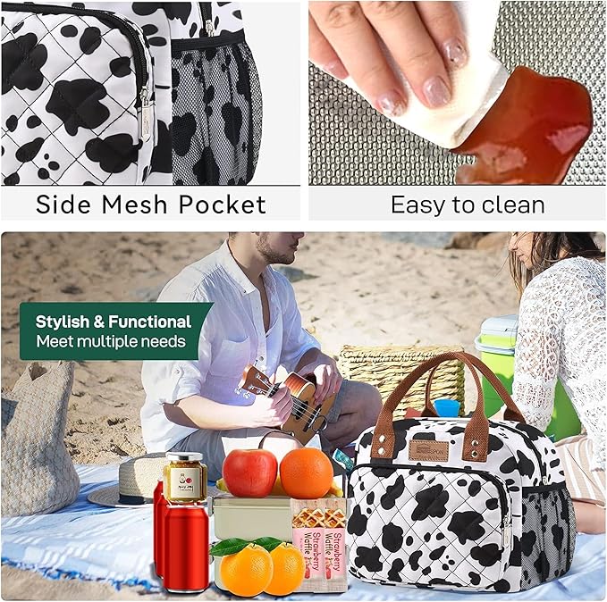 Buringer HOMESPON Lunch Bag for Woman Man Adults with Front Pocket Insulated Lunch Tote Lunch Box Container for Work Picnic or Travel（Cow with Side Pockets）