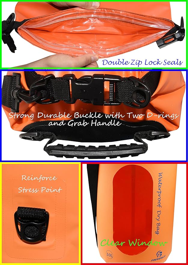 Waterproof Dry Bags Set of 3 Dry Bag with 2 Zip Lock Seals & Detachable Shoulder Strap, Waist Pouch & Phone Case - Can Be Submerged Into Water - for Swimming (Orange(Window), 20L)