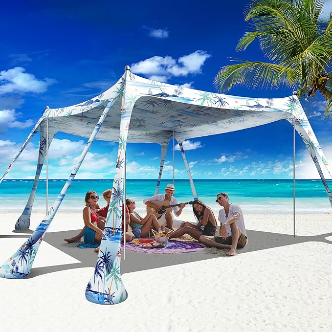 Beach Canopy Beach Tent Pop Up Shade 10x10ft Sun Shelter UPF50+ with 8 Sandbags-2 Sand Shovel-4 Aluminum Poles-Ground Pegs-Portable Carrying Bag for Outdoor Family Camping Fishing Yard Picnic