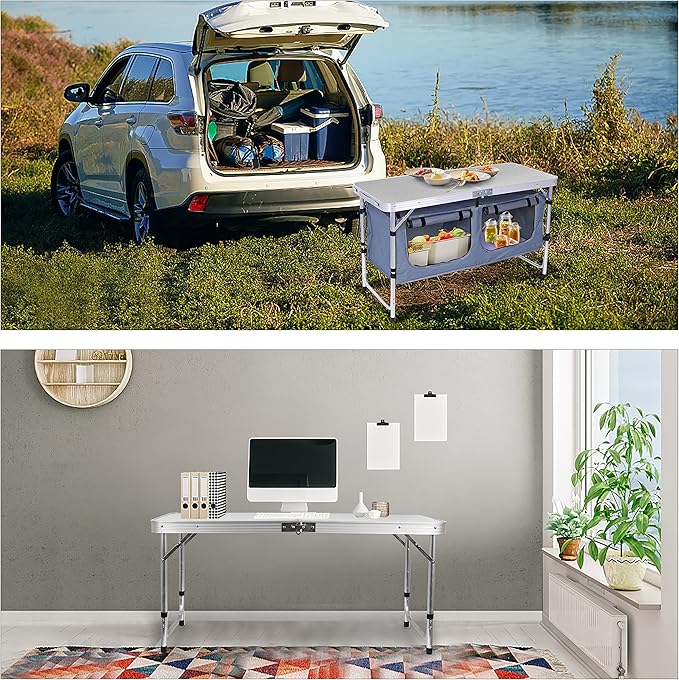Nice C Camping Table, Folding Table Height Adjustable, Camp Table, Storage Kitchen Table, Lightweight Aluminum, with Carry Handle for Outdoor, Beach, BBQ, Picnic, Cooking, Festival, Indoor, Office