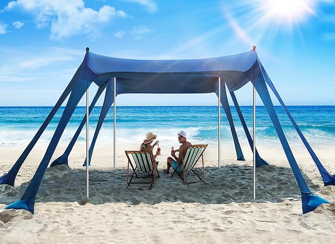 Beach Tent, Beach Canopy Sun Shade with UPF50+ UV Protection, 10x10ft, Includes 8 Sandbags, Sand Shovel, Ground Pegs & 4 Stability Poles, Pop Up Sun Shelter for Camping, Picnics, Backyard Fun