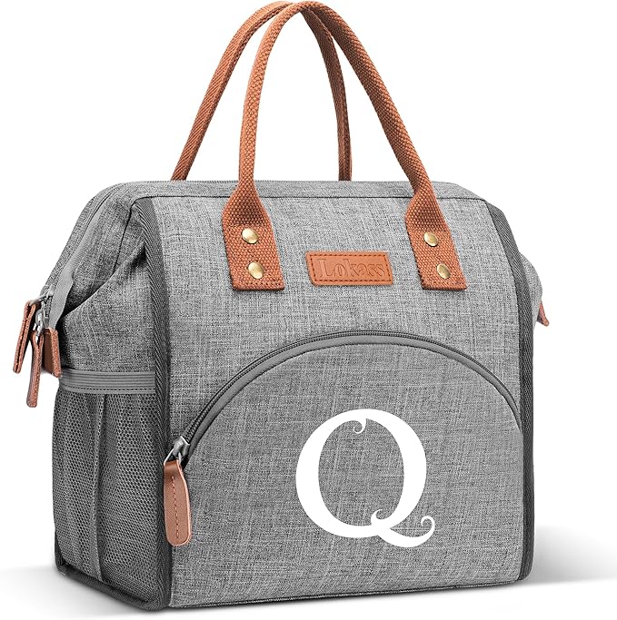 Initial Lunch Bag Women Insulated Lunch Box Wide-Open Lunch Tote Bag Large Drinks Holder Durable Nylon Thermal Snacks Organizer for Work, Travel, Picnic Personalized Gifts for Women/Teacher