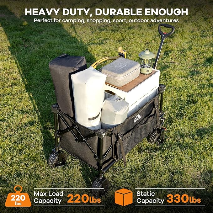 150L Wagon Cart Heavy Duty Foldable, Folding Utility Grocery Wagon with 220lbs Weight Capacity, All-Terrain Wheels for Shopping, Sports, Camping, Garden, Black