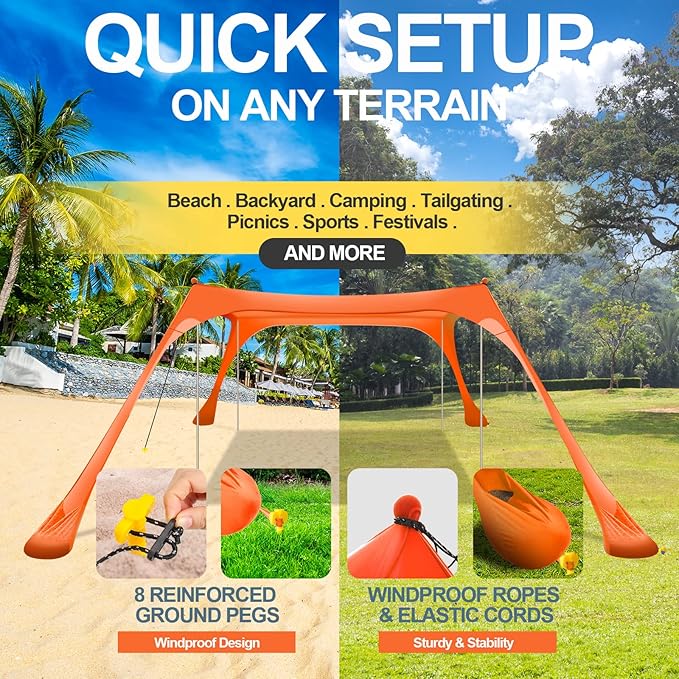 Buheco Beach Tent Pop Up Shade 10x10ft Beach Canopy Sun Shelter UPF50+ with 4 Foldable Poles-Portable Carrying Bag-Sand Shovel-Ground Pegs-Windproof Ropes for Outdoor Family Camping-Fishing- Picnic