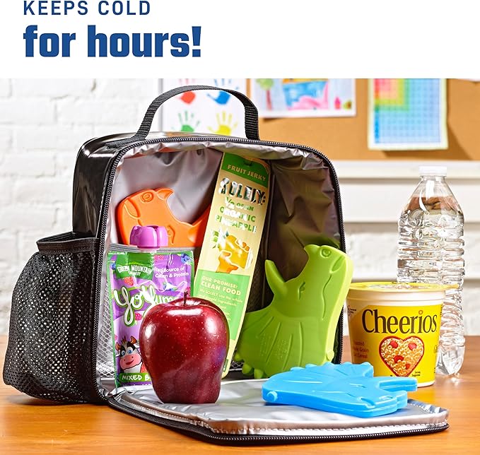 Fit & Fresh Cool Coolers Kids Lunch Box Ice Packs, Slim Ice Packs for Lunch Bags, Multicolored Penguin and Dinosaur Set, 8PK