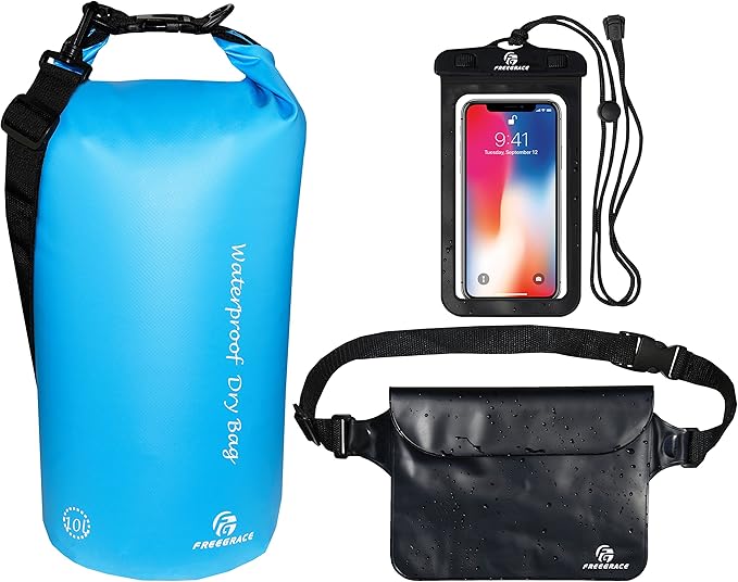 Waterproof Dry Bags Set of 3 Dry Bag with 2 Zip Lock Seals & Detachable Shoulder Strap, Waist Pouch & Phone Case - Can Be Submerged Into Water - for Swimming (Sky Blue, 10L)
