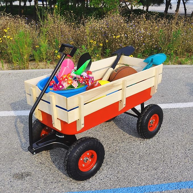 Outdoor Sport Wagon Tool Cart Wooden Side Panels Air Tires Buggy with Adjustable Handle,Detachable Wood Fence,for Outdoor Activities, Beaches, Gardens,Camping,39.37",Red