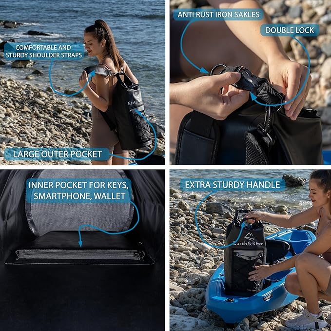 EARTH&RIVER Premium Dry Bag Backpack, Extra Thick, Protection for All Water Activities & Camping, Floating Lightweight Dry Bag with Inside Pocket Storage & IPX8 Waterproof Phone Case (Black, 30L)