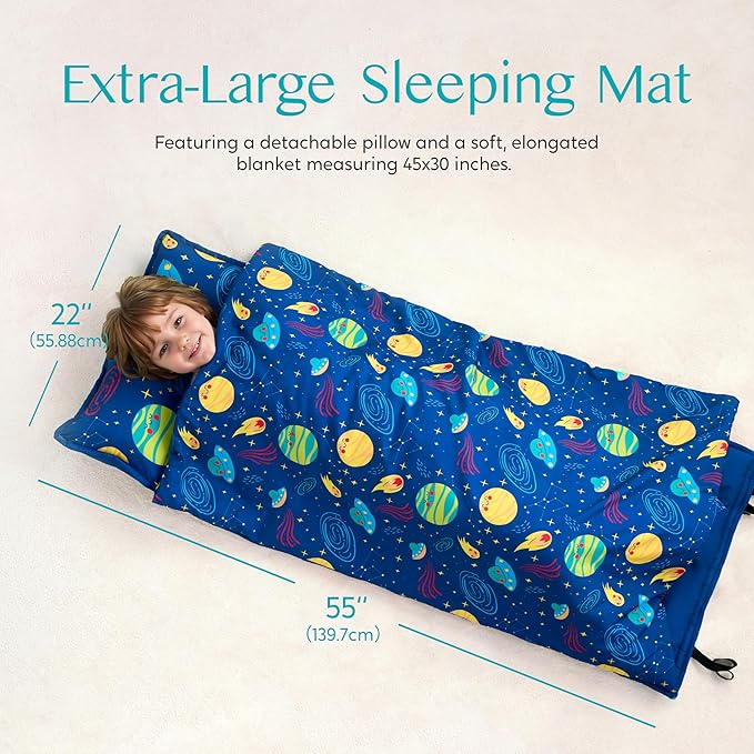 JOIEDOMI Toddler Nap Mat for Preschool 55''x30'' Sleeping Mat with Removable Pillow and Minky Blanket for Kids Ages 3-7 Roll Up Soft Kids Sleeping Bag for Boys Girls Kindergarten Daycare Sleepover