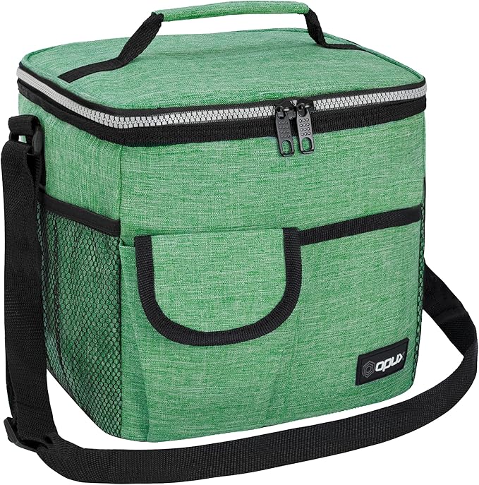 opux Insulated Lunch Bag for Men Women, Leakproof Heather Green Lunch Box for Work, Portable Soft Lunch Cooler Bag with Shoulder Strap, Adult Lunchbox Lunch Pail for Kid Boy Girl School, 18 Can/10L
