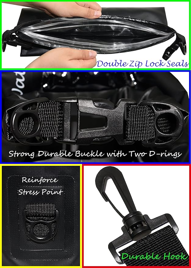 Waterproof Dry Bags Set Of 3 Dry Bag With 2 Zip Lock Seals & Detachable Shoulder Strap, Waist Pouch & Phone Case - Can Be Submerged Into Water - For Swimming (Black, 10L)