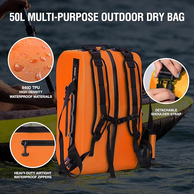 50L Waterproof Dry Duffle Bag Dry Backpack 840D TPU Heavy Duty Dry Bag,Rubber Airtight Zipper, for Kayaking,Boating,Motorcycling,Camping,Rafting,Surfing, Swimming,Fishing,Orange