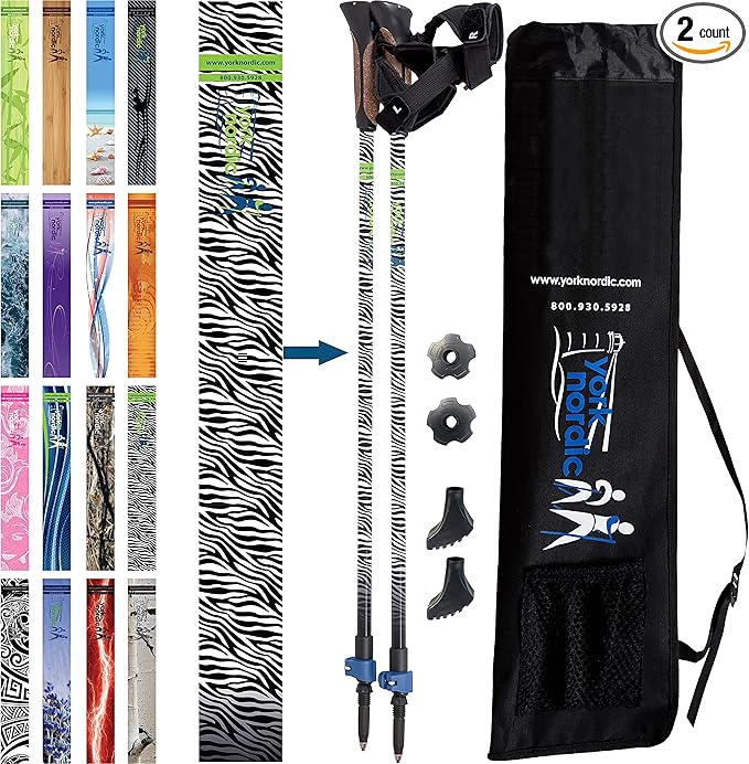 Official Nordic Walking Poles - True Classic Nordic Glove Grips, Lightweight, Adjustable, and Collapsible -2 Pieces w/flip Locks, Detachable Feet and Travel Bag by York Nordic - Heights 5'4"-6'2"