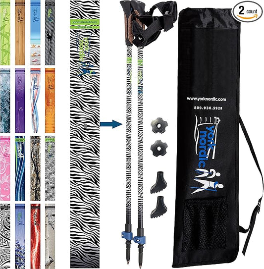 Official Nordic Walking Poles - True Classic Nordic Glove Grips, Lightweight, Adjustable, and Collapsible -2 Pieces w/flip Locks, Detachable Feet and Travel Bag by York Nordic - Heights 5'4"-6'2"