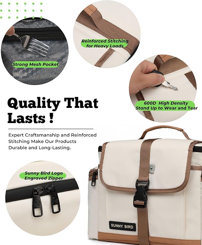 SUNNY BIRD 15L Insulated Lunch Bag with Foldable and Leakproof Design, Thermally Insulated, Shoulder Strap for Women, Men (Classic Ivory)