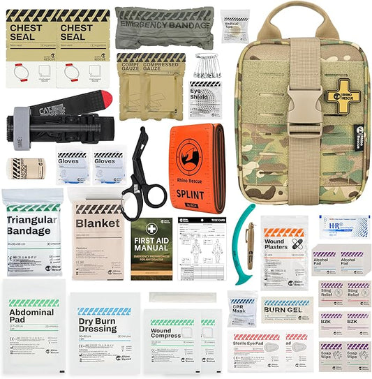 RHINO RESCUE IFAK Trauma Kit with C-A-T Tourniquet, Tactical First Aid Kit Molle Pouch for Military, Combat, Car, Camping, Hiking, Travel， FSA HSA Eligible (Camo)
