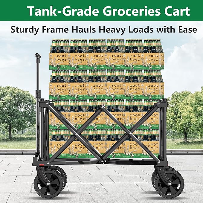 BEAU JARDIN Collapsible Folding Wagon Cart with Wheels Foldable Wagons Heavy Duty Utility Cart for Grocery Camping Garden Outdoor Fishing Sports Shopping Black
