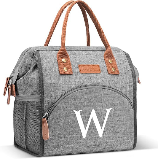 Initial Lunch Bag Women Insulated Lunch Box Wide-Open Lunch Tote Bag Large Drinks Holder Durable Nylon Thermal Snacks Organizer for Work, Travel, Picnic Personalized Gifts for Women/Teacher