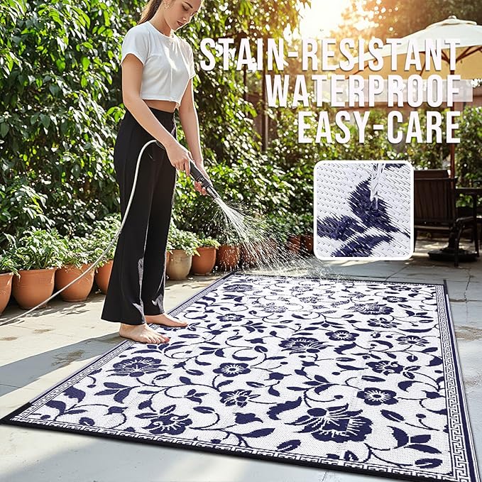 OLANLY Waterproof Outdoor Rug 9x12 ft, Outdoor Plastic Straw Rug with Flower Pattern, Reversible RV Mat for Patio, Camping, Balcony, Deck, Backyard, Navy & White