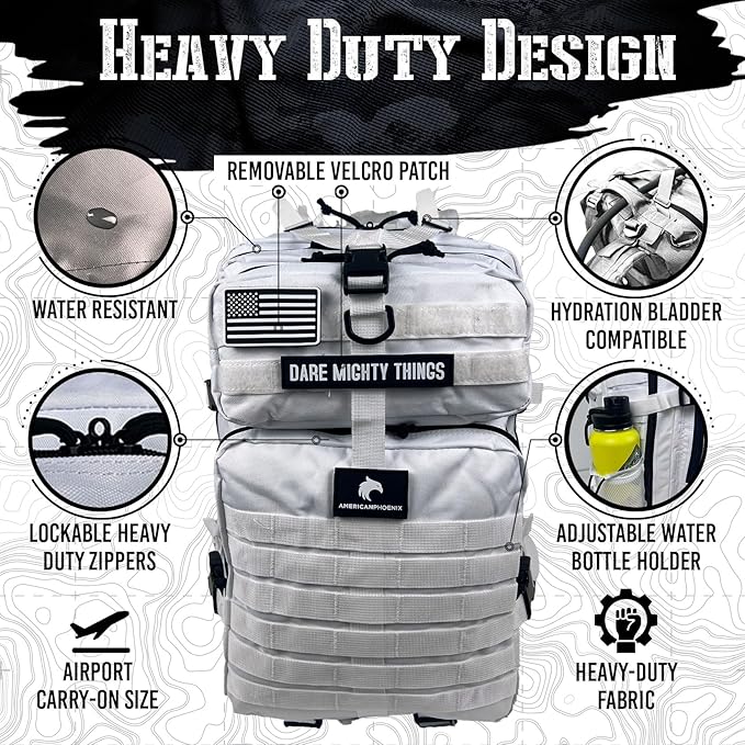 45L Elite Tactical Backpack | 3X Stronger Work & Military Backpack | Water Resistant and Heavy Duty | 3 Day MOLLE Bug Out Bag (Polar White)