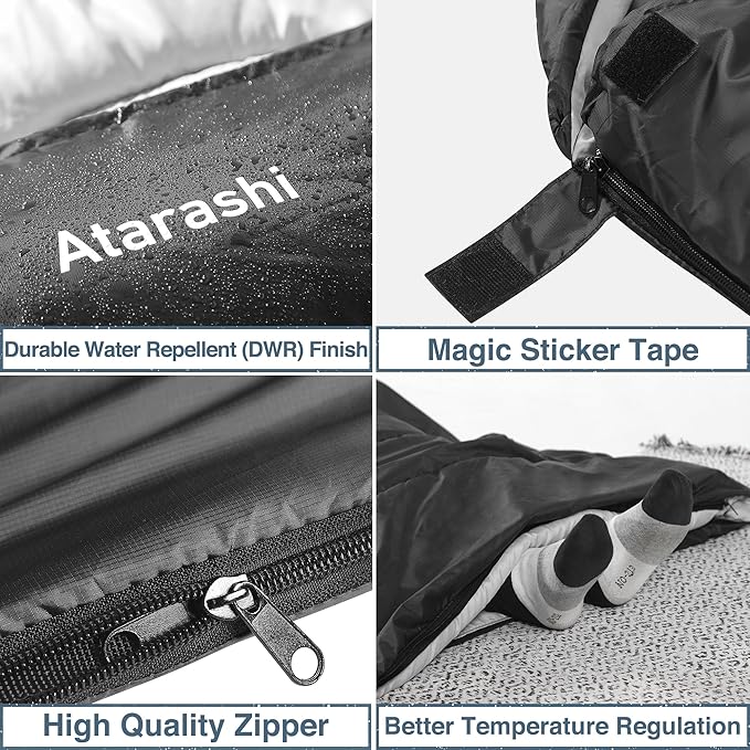 Atarashi Camping Sleeping Bag- 4 Seasons for Adults, Light, Warm, Extra-Large with Compression Sack- Great for Hiking, Backpacking & Outdoor Adventures
