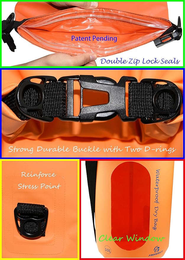 Waterproof Dry Bags Set of 3 Dry Bag with 2 Zip Lock Seals & Detachable Shoulder Strap, Waist Pouch & Phone Case - Can Be Submerged Into Water - for Swimming (Orange(Window), 5L)
