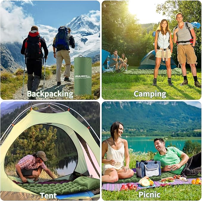 Single Sleeping Pad for Camping, Ultralight Inflatable Sleeping Mat with Pillow and Built-in Foot Pump, Portable Camping Mattress for Tent, Backpacking, Hiking, Traveling (Single,Green)