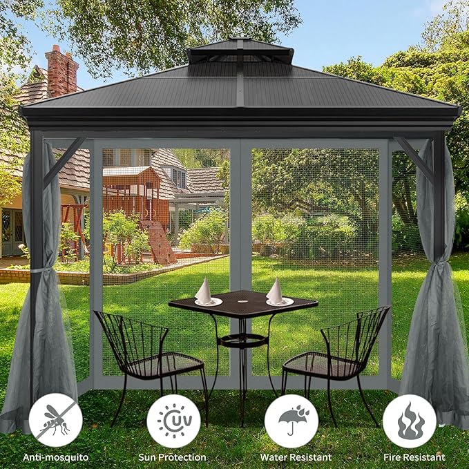 Gazebo Universal Replacement Mosquito Netting, 10' x 10' Outdoor Mesh Netting Screen 4-Panel Sidewall with Zipper for Patio, Canopy, Garden and Backyard, Gray(Mosquito Net Only)