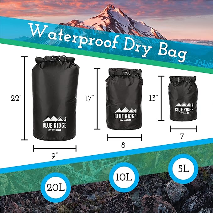 Blue Ridge Lightweight Dry Bags 3pk - 5L, 10L and 20L Sizes, All-Purpose Waterproof | Weatherproof Dry Bag for Boating, Hiking, Kayaking, Swimming, Fishing (Black)