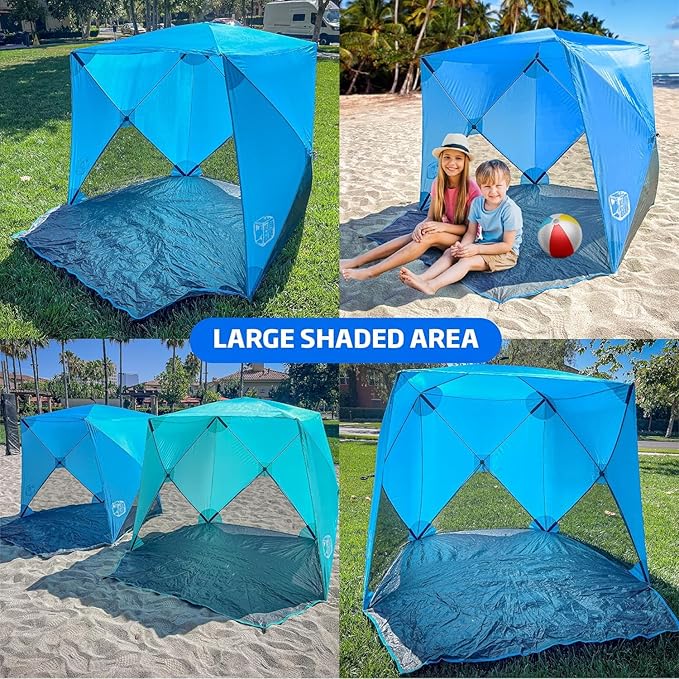 Beach Cube Pop Up Beach Tent Portable Shade Sun Shelter UPF50+ UV Protection for 4 Person Expandable Floor for Beach Fishing Hiking Camping – Beach Blue Color New