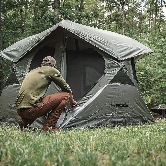 Gazelle Tents™ T4 Hub Tent, Easy 90 Second Set-Up, Waterproof, UV Resistant, Removable Floor, Ample Storage Options, 4-Person, Alpine Green, 78" x 94" x 94", GT400GR