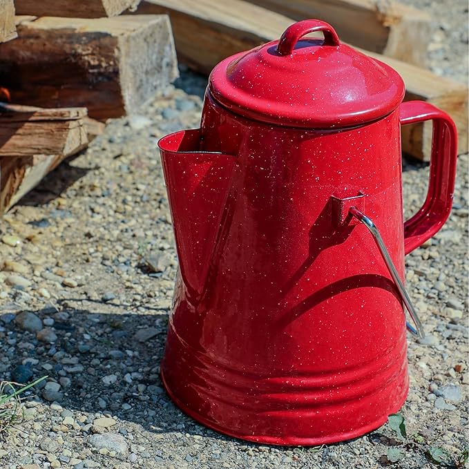 Grip Coffee Percolator (Red) - Durable Glazed Enamel Steel - Prepare Coffee Over the Fire - Camping, Hiking, Backpacking, Fishing, Hunting - (8 Cups)