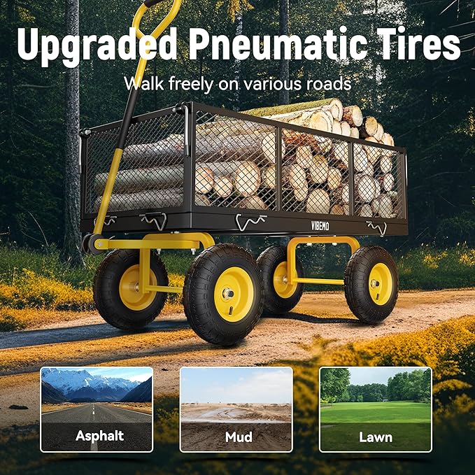 Steel Garden Cart, 2-in-1 900 lbs Heavy Duty Utility Wagon, with Removable Mesh Sides to Convert into Flatbed, 240° U-Turn 10" Pneumatic Tires Garden Wagon for Farm Yard Lawn Garden Camping