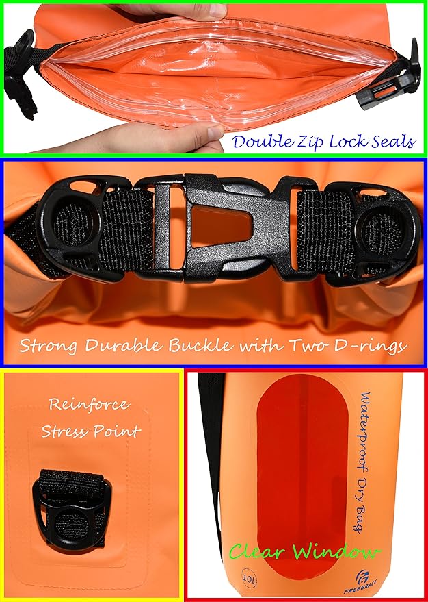 Waterproof Dry Bags Set of 3 Dry Bag with 2 Zip Lock Seals & Detachable Shoulder Strap, Waist Pouch & Phone Case - Can Be Submerged Into Water - for Swimming (Orange(Window), 10L)