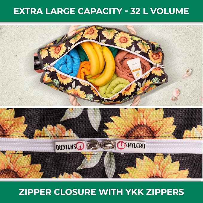 SHYLERO Beach Bag and Pool Bag. Has Airtight Pouch, Ton of Pockets. Beach Tote is Zippered, Water Resistant. Family Size