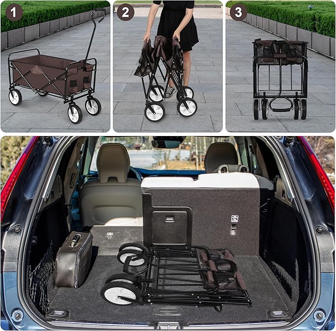 YSSOA Rolling Collapsible Garden Cart Camping Wagon, with 360 Degree Swivel Wheels & Adjustable Handle, 220lbs Weight Capacity,Brown