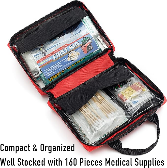 First Aid Kit -160 Pieces Compact and Lightweight - Including Cold (Ice) Pack, Emergency Blanket, Moleskin Pad,Perfect for Travel, Home, Office, Car, Camping, Workplace (Red)