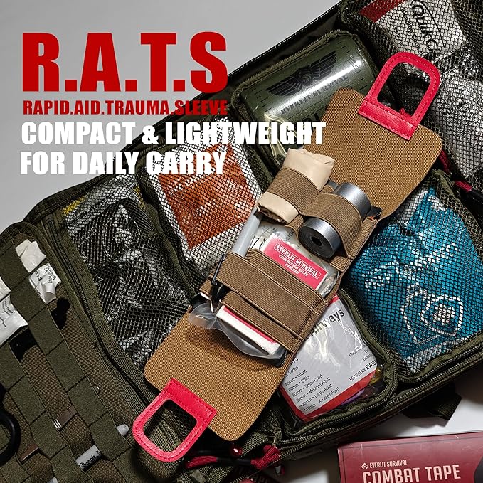 EVERLIT Rapid Aid Trauma Sleeve(Rats) EDC Trauma Kit, CAT GEN-7 Tourniquet QuikClot Gauze CE, Military Tactical IFAK for Bleeding Control (OD Green)
