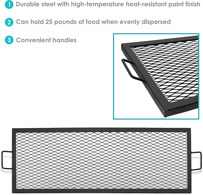 Sunnydaze X-Marks Fire Pit Cooking Grate - Outdoor Rectangle Black Steel BBQ Campfire Grill with Handles - 40-Inch
