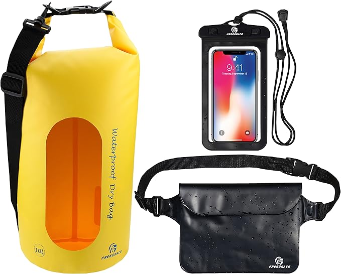 Waterproof Dry Bags Set of 3 Dry Bag with 2 Zip Lock Seals & Detachable Shoulder Strap, Waist Pouch & Phone Case - Can Be Submerged Into Water - for Swimming (Yellow(Window), 10L)