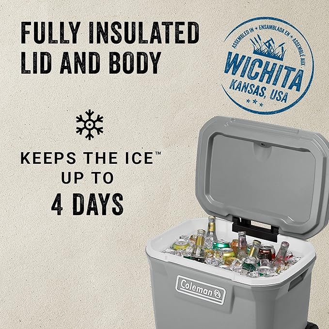 Coleman Classic Series Insulated Portable Wheeled Cooler, Leak-Resistant Outdoor Hard Cooler Keeps Ice up to 5 Days, 65-Quart