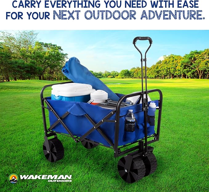 Wakeman Outdoors 75-CMP1097 Folding Wagon – Collapsible All-Terrain Utility Pull Cart with Extra Wide Wheels for Camping, Beach, Sports or Grocery Shopping