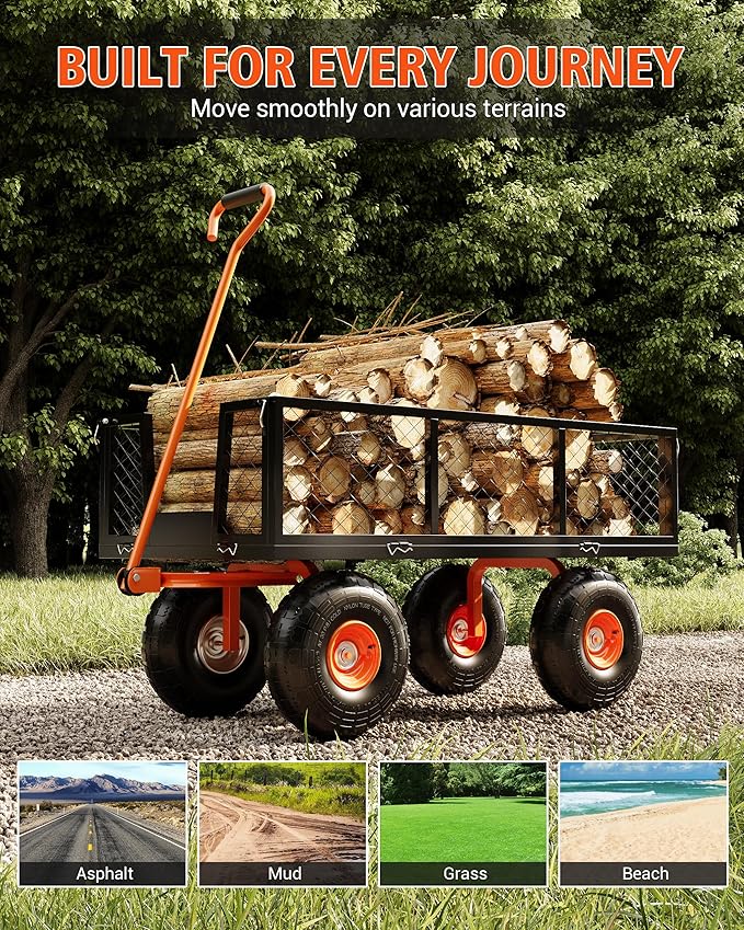 Heavy Duty Steel Garden Cart, 500 LBS Capacity 3 in 1 Pullable Garden Wagon with 10" Wheels, for Gardening Soil, Tools, and Plant Transport