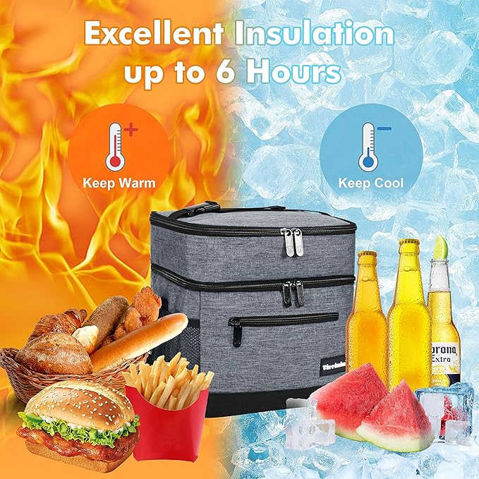 Tirrinia Large Insulated Lunch Bag for Men and Women, Adult Double-Layer Leakproof Reusable Grocery Bag, Office, Travel, Work Lunch Cooler Tote