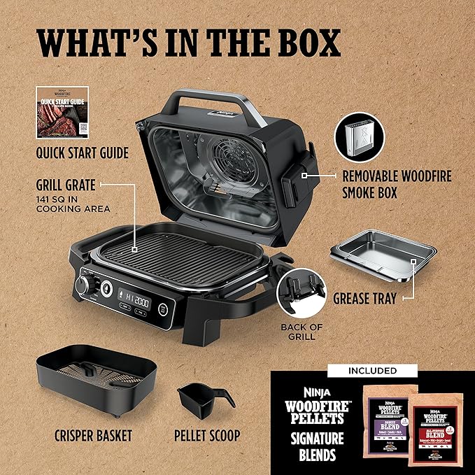 Ninja Woodfire Pro 7-in-1 Grill & Smoker with Thermometer, Air Fryer, BBQ, Bake, Roast, Broil - Portable Electric Outdoor Grill, Grey