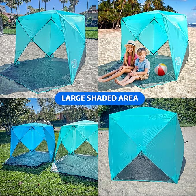 Beach Cube Pop Up Beach Tent Portable Shade Sun Shelter UPF50+ UV Protection for 4 Person Expandable Floor for Beach Fishing Hiking Camping – Aqua Color