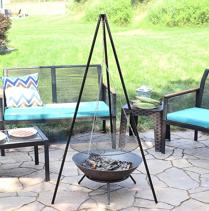 Sunnydaze Outdoor Fire Pit Tripod Cooking Grill System - Black Steel Grate and Legs - 22-Inch