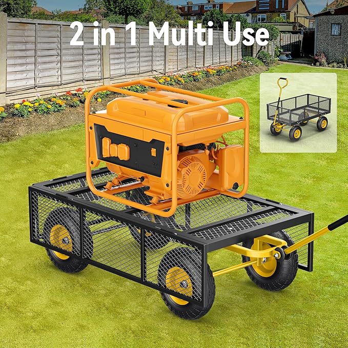 Steel Garden Cart, 2-in-1 900 lbs Heavy Duty Utility Wagon, with Removable Mesh Sides to Convert into Flatbed, 240° U-Turn 10" Pneumatic Tires Garden Wagon for Farm Yard Lawn Garden Camping