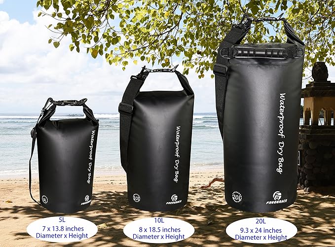 Waterproof Dry Bags Set of 3 Dry Bag with 2 Zip Lock Seals & Detachable Shoulder Strap, Waist Pouch & Phone Case - Can Be Submerged Into Water (Black, 20L)
