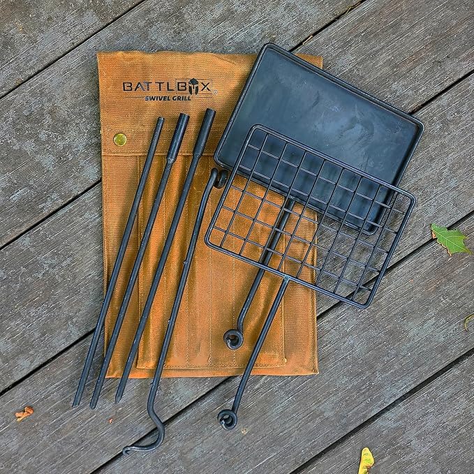 BATTLBOX Bushcraft Grill Set, Steel Campfire Cooking Grate Swivel Grill For Outdoor BBQ Open Fire, Packable Campfire Cook Set, Heavy Duty Open Fire Swivel Camping Cooktop, Canvas Bag